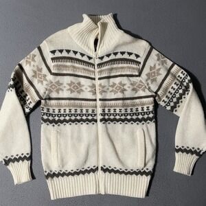 William John Sweater Mens Wool Blend Fair Isle Full Zip in USA Vtg Medium Ski
